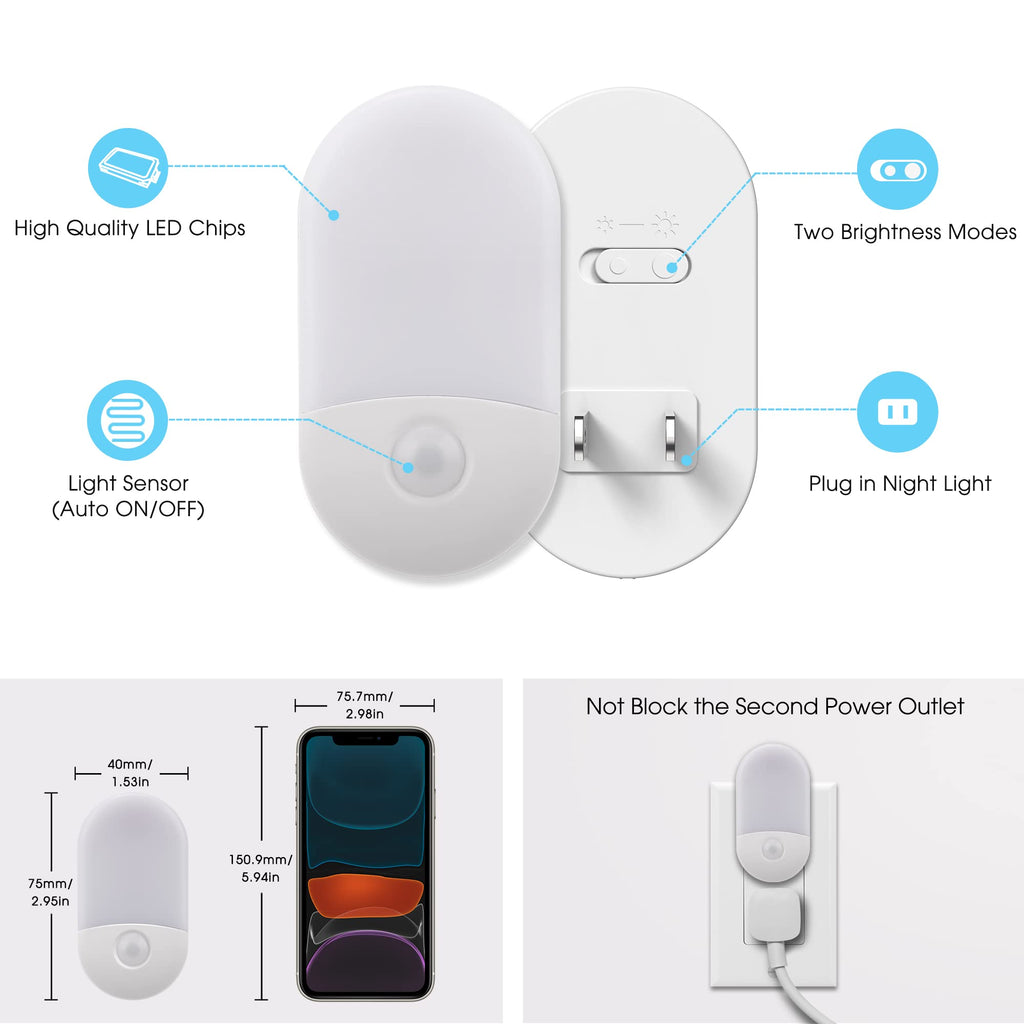 L LOHAS LED Night Lights Plug into Wall, [2 Pack] LED Dimmable Night Light with Light Sensors, 30/60LM Adjustable Brightness Nightlights, Soft White 3000K Automatic Night Light for Kid, Hallway