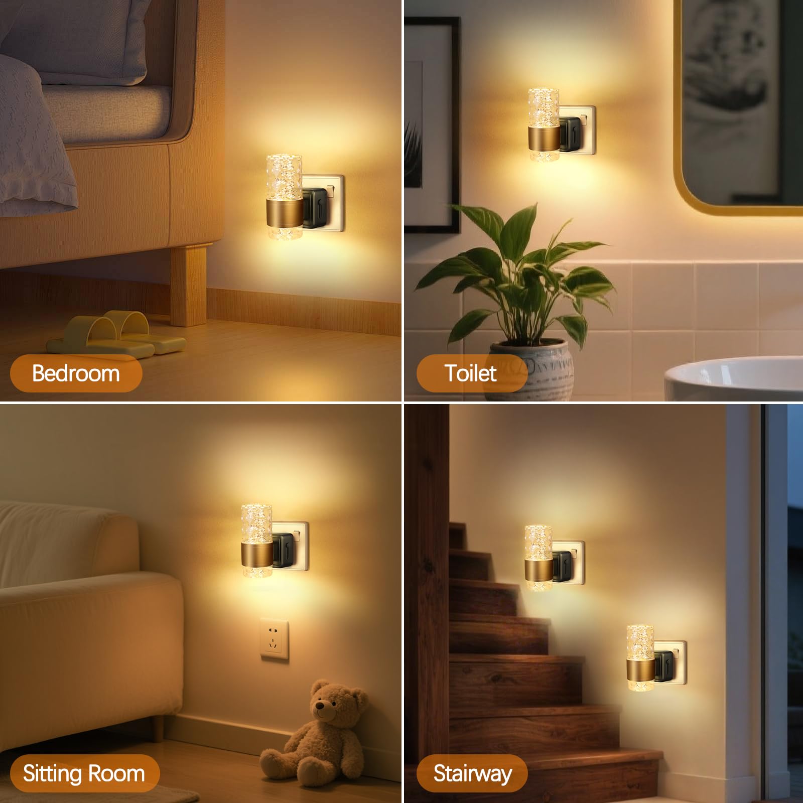 LED Night Lights Plug into Wall, Bubble Night Light with Dusk to Dawn Sensor 3000K 100LM Dimmable Nightlight for Bedroom, Bathroom, Hallway, Stairway, Nursery, Gold - 2 Pack
