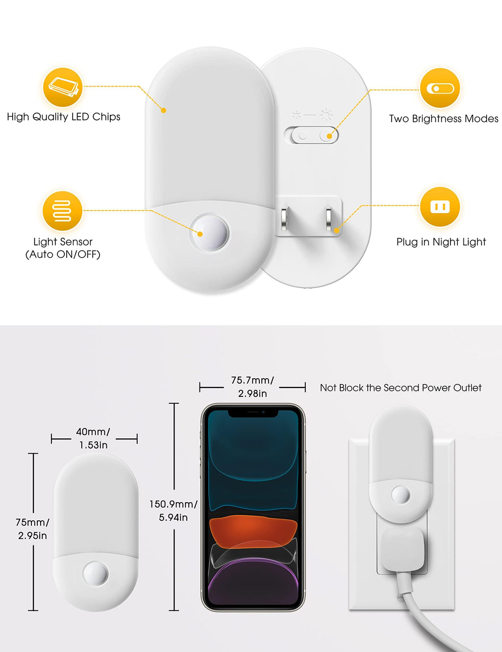 L LOHAS LED Night Lights Plug into Wall, [2 Pack] LED Dimmable Night Light with Light Sensors, 30/60LM Adjustable Brightness Nightlights, Soft White 3000K Automatic Night Light for Kid, Hallway