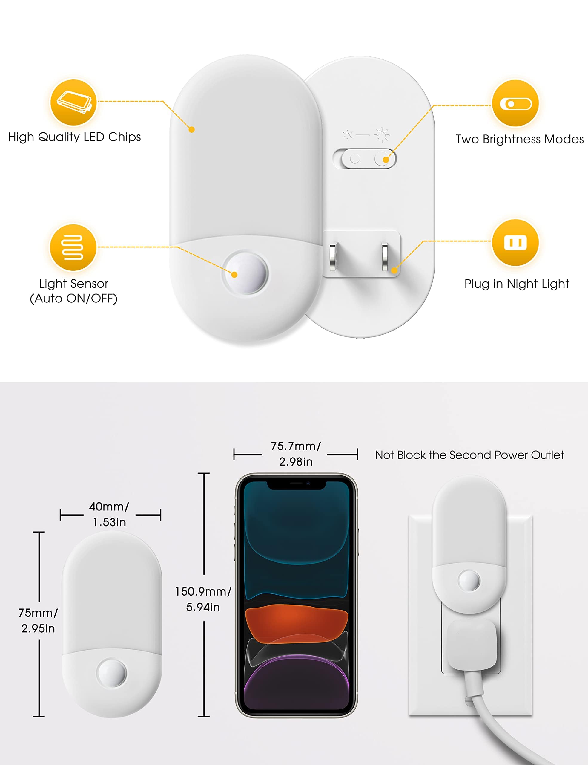 L LOHAS LED Night Lights Plug into Wall, [2 Pack] LED Dimmable Night Light with Light Sensors, 30/60LM Adjustable Brightness Nightlights, Soft White 3000K Automatic Night Light for Kid, Hallway