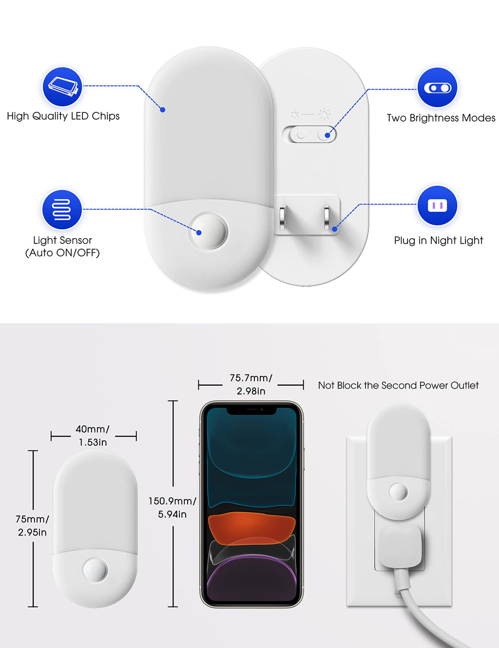 L LOHAS LED Night Lights Plug into Wall, [2 Pack] LED Dimmable Night Light with Light Sensors, 30/60LM Adjustable Brightness Nightlights, Soft White 3000K Automatic Night Light for Kid, Hallway