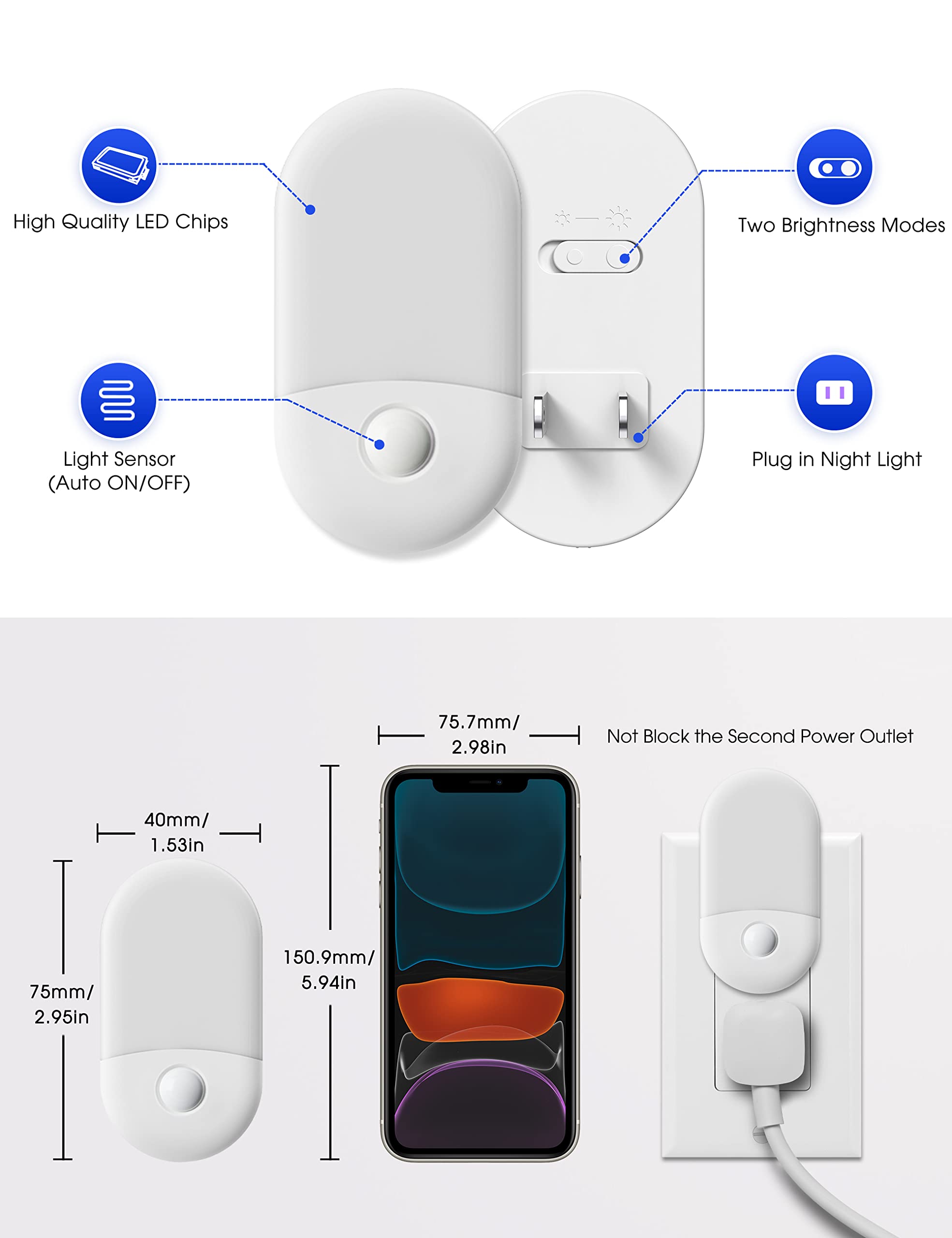 L LOHAS LED Night Lights Plug into Wall, [2 Pack] LED Dimmable Night Light with Light Sensors, 30/60LM Adjustable Brightness Nightlights, Soft White 3000K Automatic Night Light for Kid, Hallway