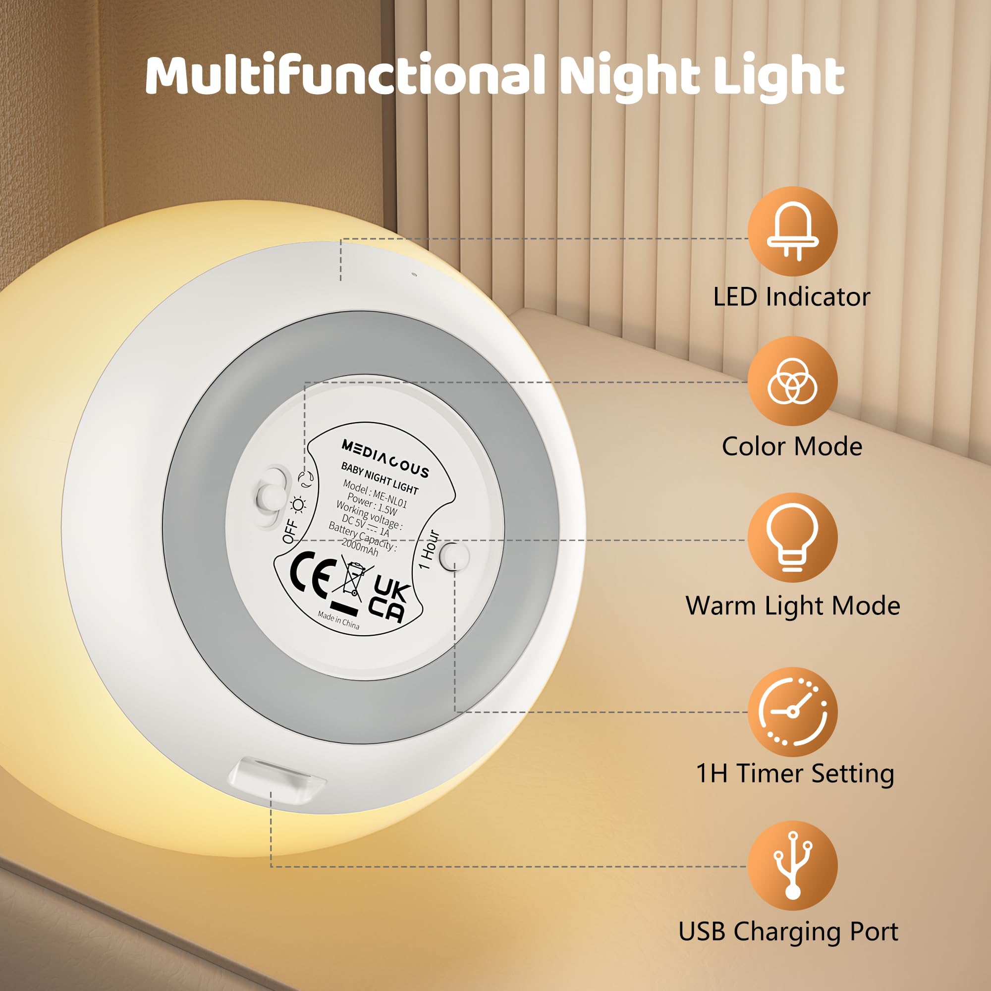 MediAcous Night Lights for Kids Room, Baby Night Light with 7 Colors Changing & Dimming Function, Rechargeable Kids Night Light with 1 Hour Timer & Touch Control, Up to 100H, Wood Grain
