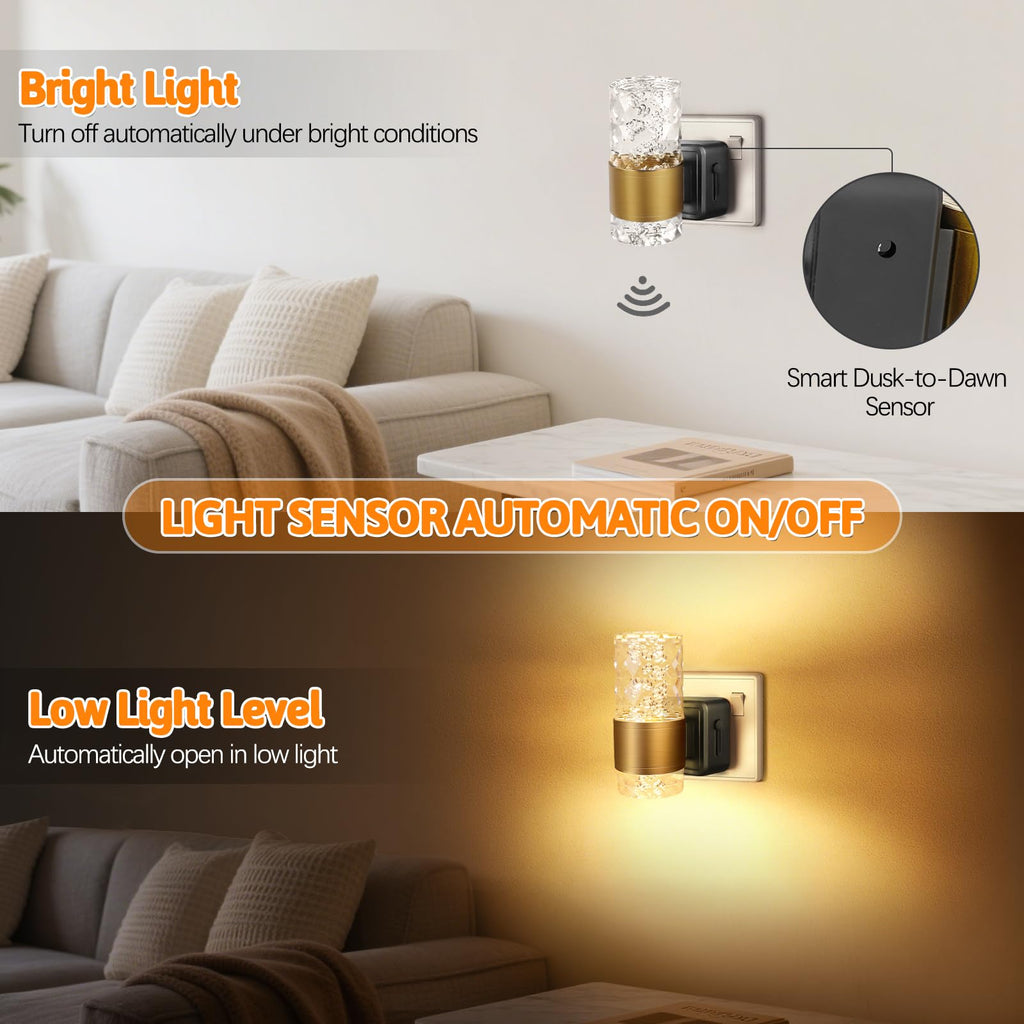 LED Night Lights Plug into Wall, Bubble Night Light with Dusk to Dawn Sensor 3000K 100LM Dimmable Nightlight for Bedroom, Bathroom, Hallway, Stairway, Nursery, Gold - 2 Pack
