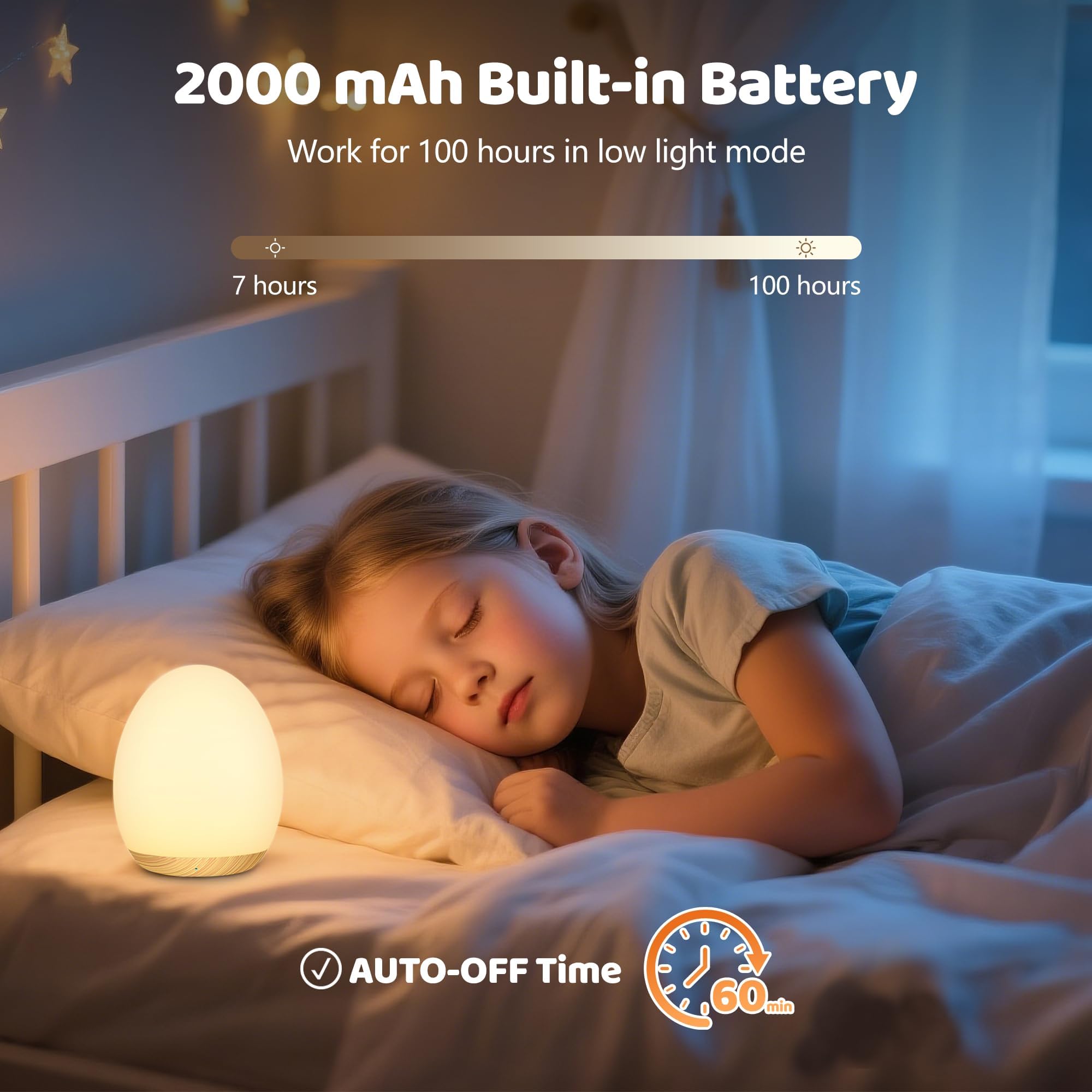 MediAcous Night Lights for Kids Room, Baby Night Light with 7 Colors Changing & Dimming Function, Rechargeable Kids Night Light with 1 Hour Timer & Touch Control, Up to 100H, Wood Grain