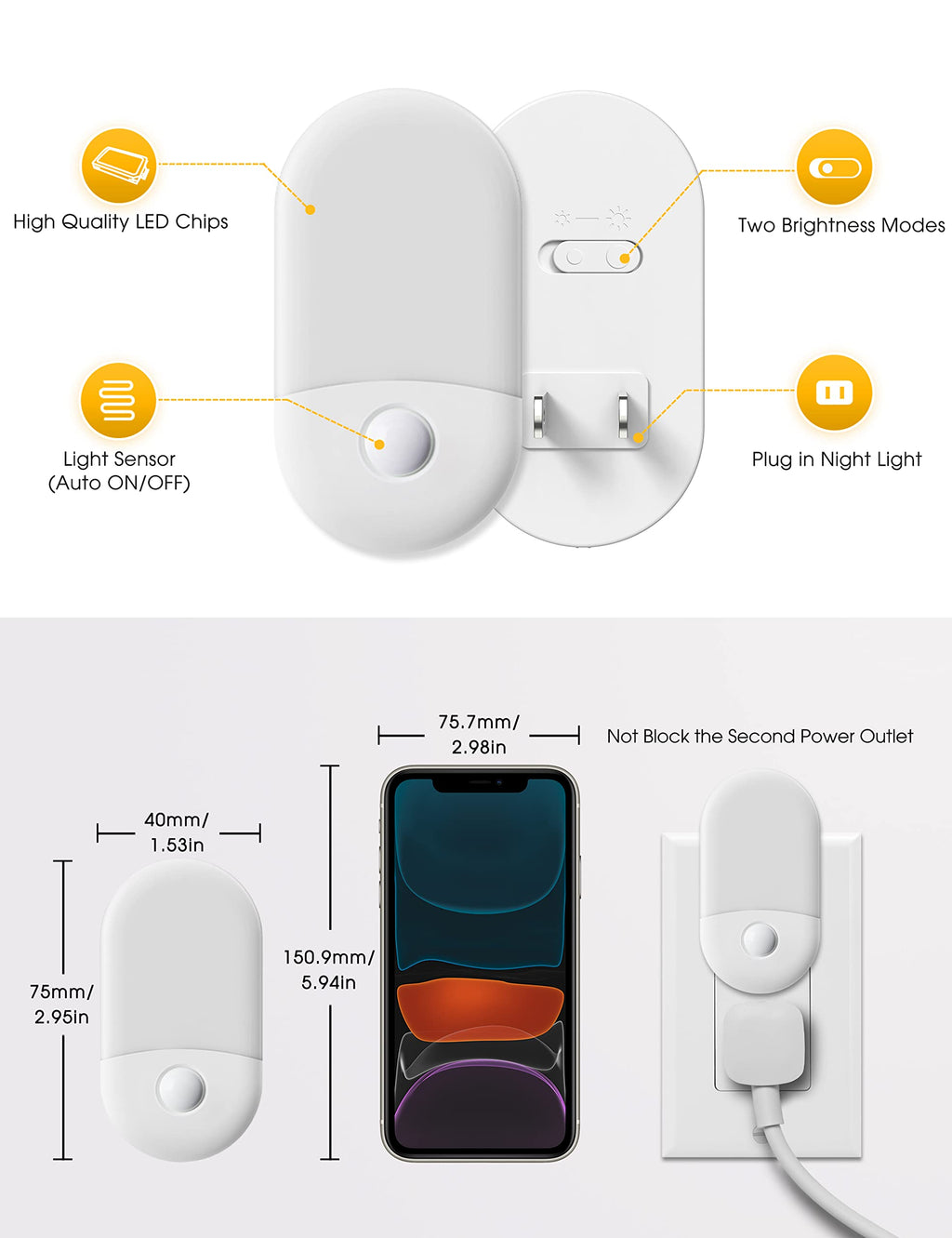 L LOHAS LED Night Lights Plug into Wall, [2 Pack] LED Dimmable Night Light with Light Sensors, 30/60LM Adjustable Brightness Nightlights, Soft White 3000K Automatic Night Light for Kid, Hallway