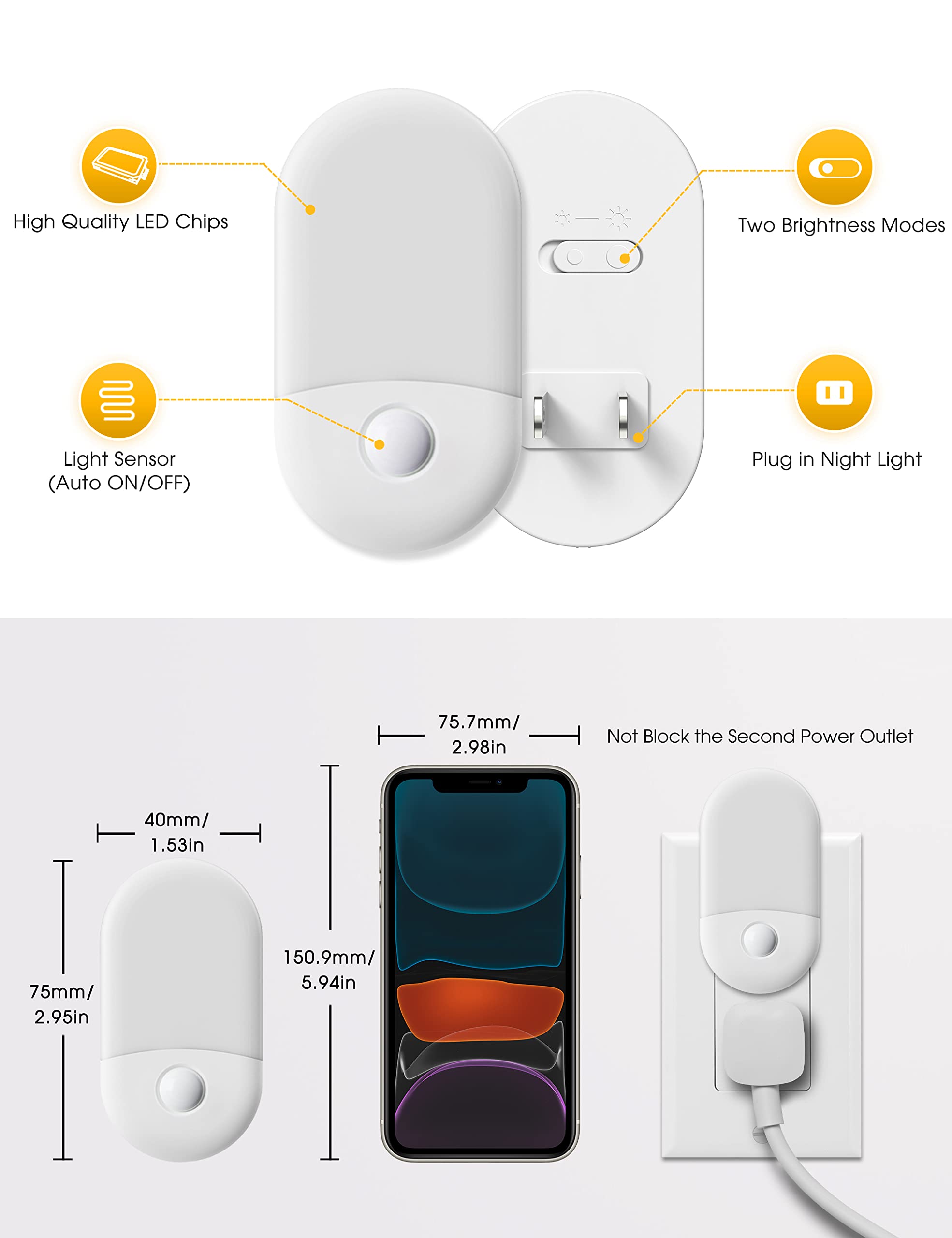 L LOHAS LED Night Lights Plug into Wall, [2 Pack] LED Dimmable Night Light with Light Sensors, 30/60LM Adjustable Brightness Nightlights, Soft White 3000K Automatic Night Light for Kid, Hallway