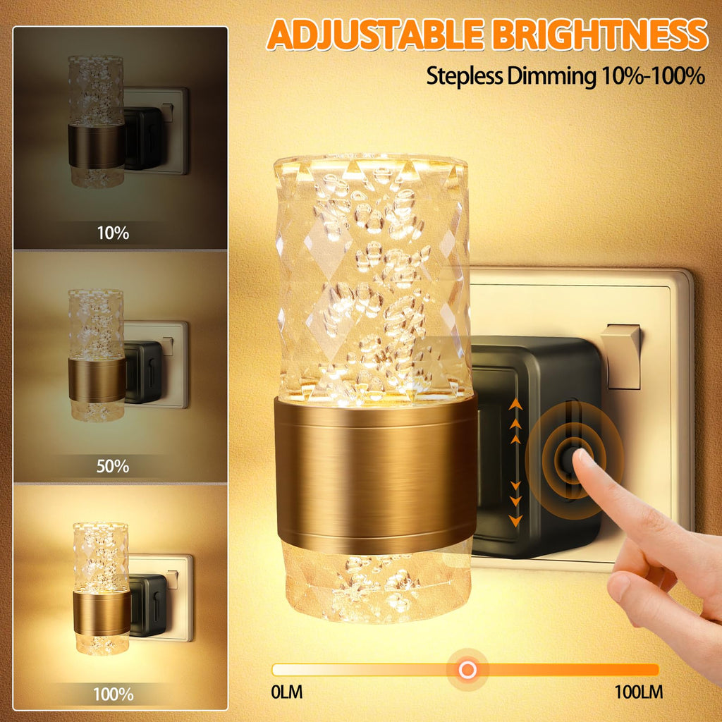 LED Night Lights Plug into Wall, Bubble Night Light with Dusk to Dawn Sensor 3000K 100LM Dimmable Nightlight for Bedroom, Bathroom, Hallway, Stairway, Nursery, Gold - 2 Pack